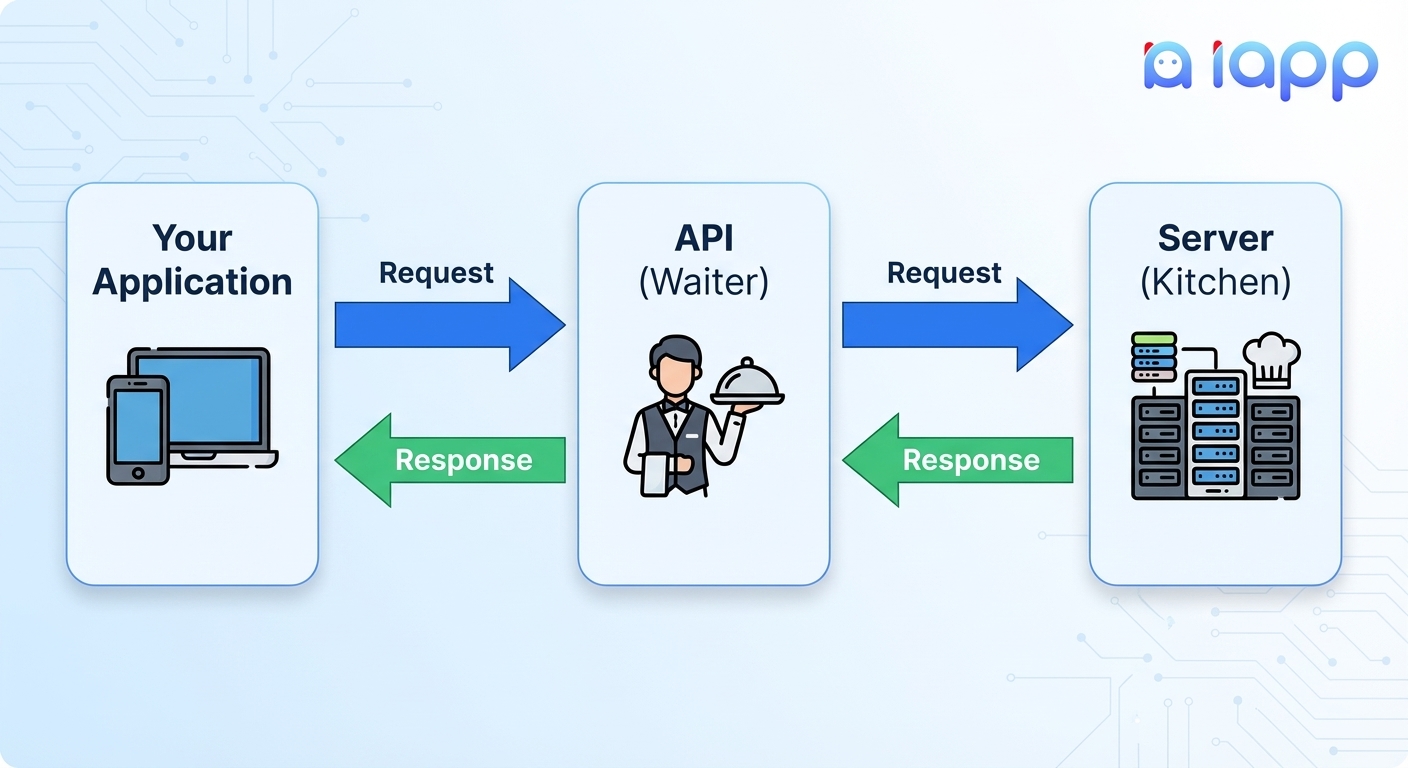 API works like a waiter - taking requests to the kitchen (server) and returning responses