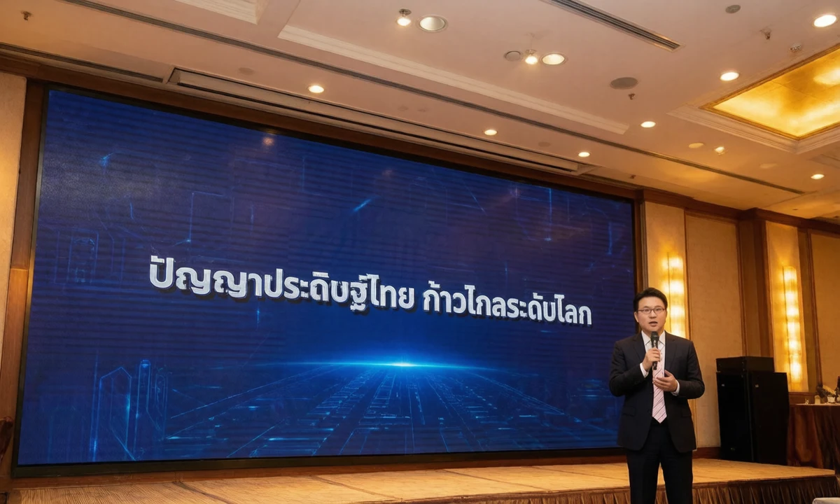 iApp Image Generation 1.1.0 — a keynote scene generated from the prompt "ดร.กอบกฤตย์ วิริยะยุทธกร กำลังบรรยายบนเวที…" with the headline "ปัญญาประดิษฐ์ไทย ก้าวไกลระดับโลก" on the LED wall