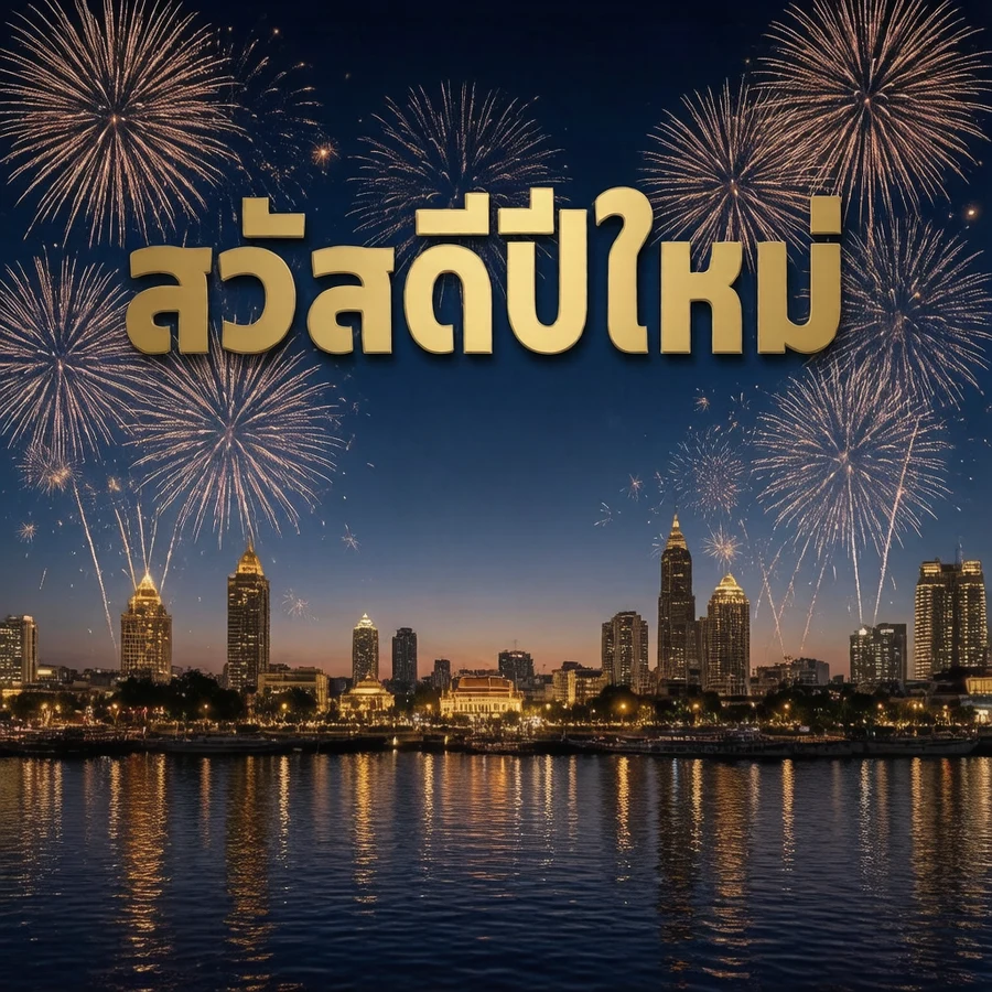 New Year card with "สวัสดีปีใหม่" over the Bangkok skyline