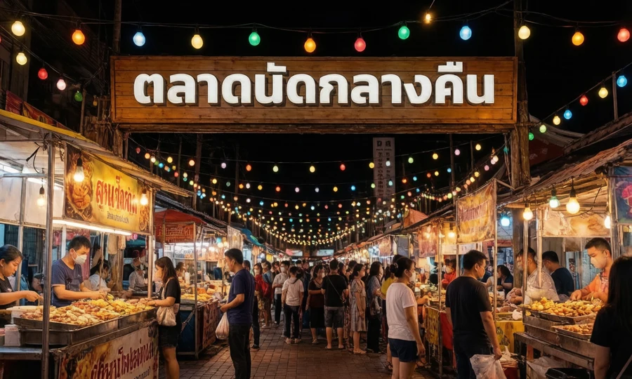 Night market arch with the sign "ตลาดนัดกลางคืน"