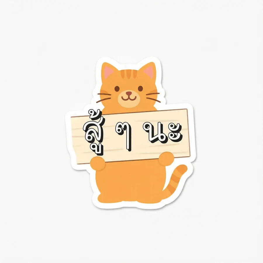 Die-cut sticker of a cat on white paper with "สู้ ๆ นะ"