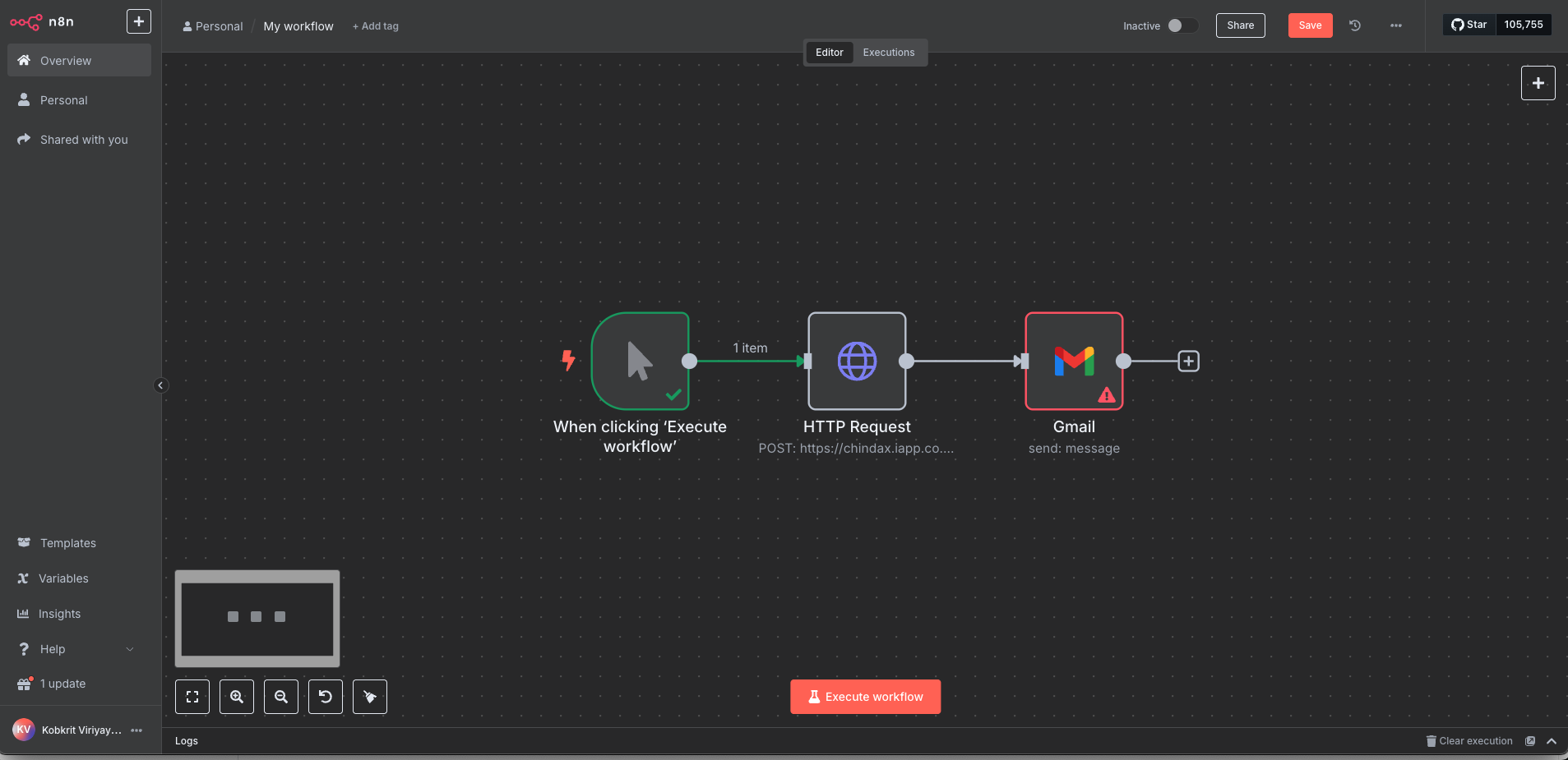 A workflow of Manual Trigger, HTTP Request to ChindaX, then Gmail