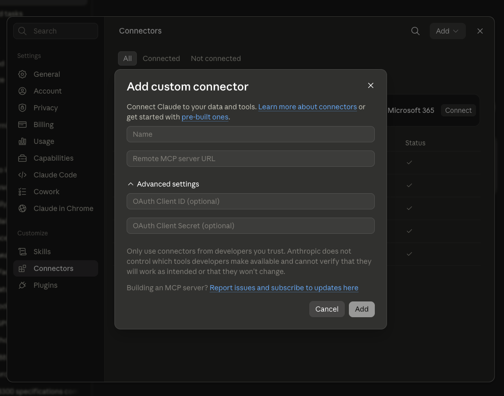 Claude's Add custom connector dialog