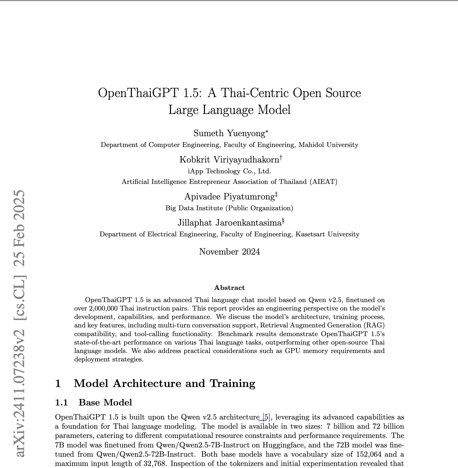 OpenThaiGPT 1.5: Technical Report